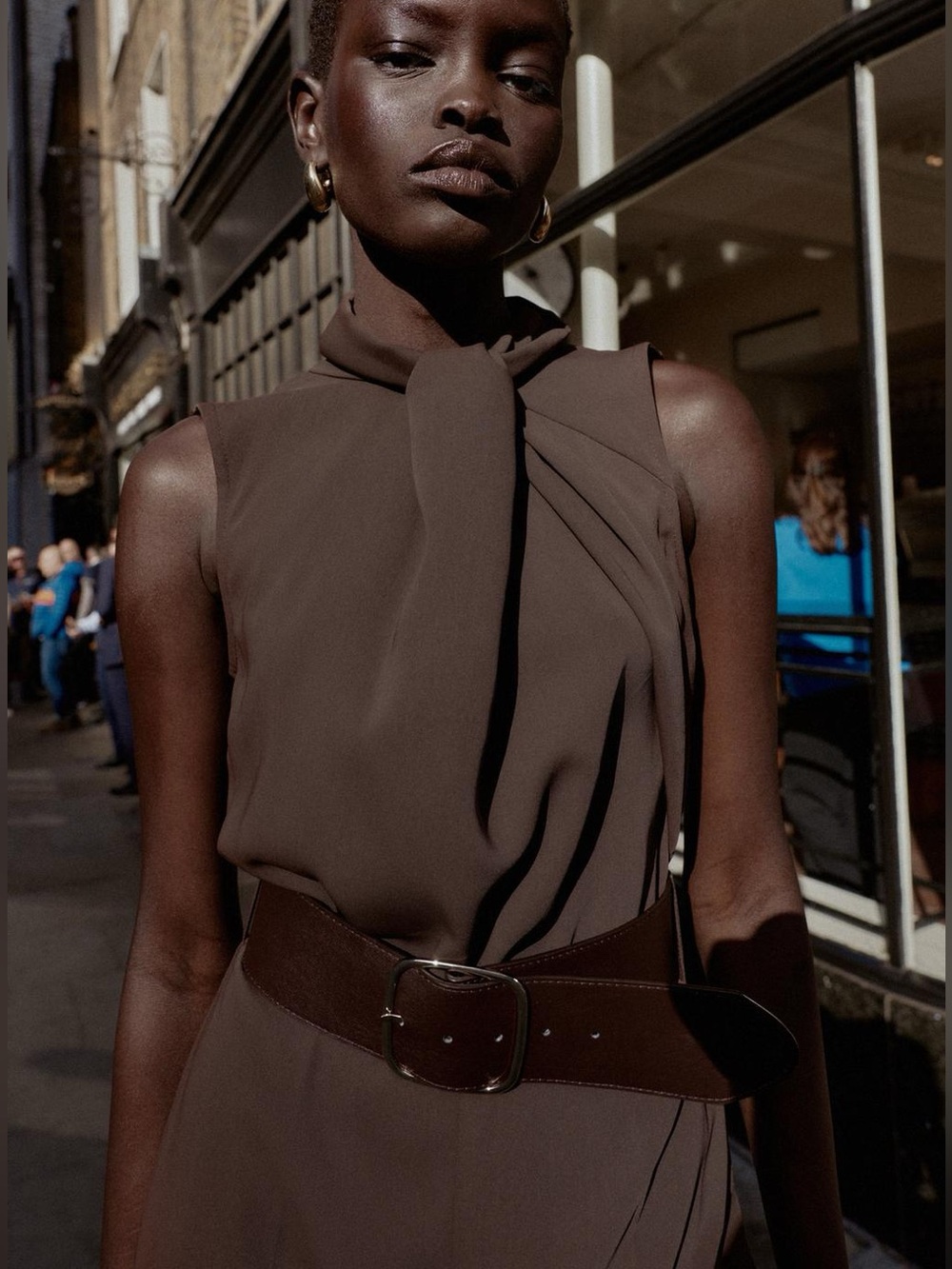 Zara Jumpsuit Sleeveless With Belt High Collar Knot Detail Brown Small